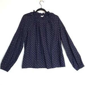 GAP Floral Blouse Womens Medium Navy Blue Ruffle Neck Pleated Cottagecore Top